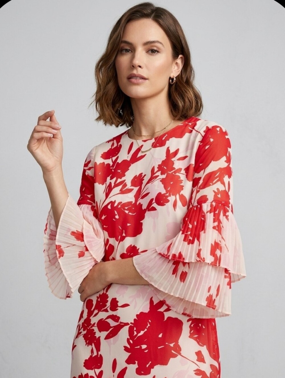 Sharagano Red Floral Print Ruffle Sleeves Lightweight Dress Size 4